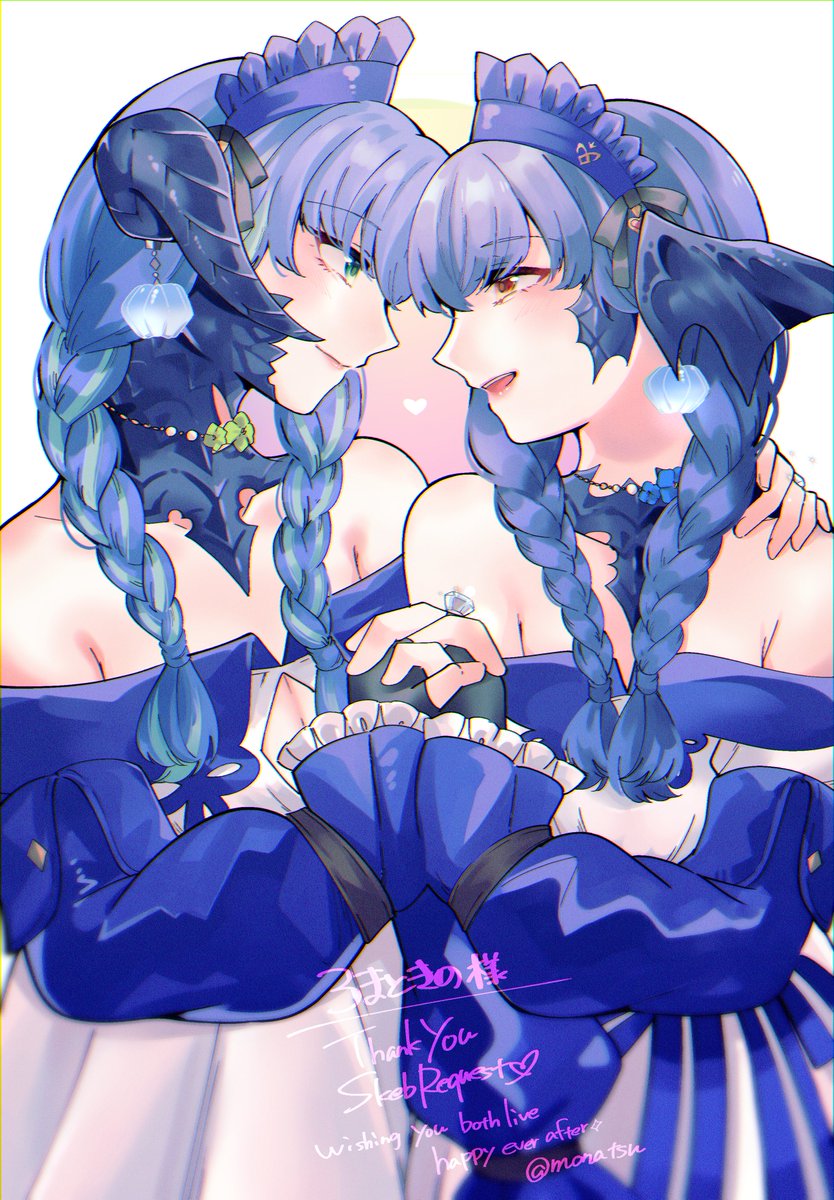 avatar (ff14) multiple girls 2girls au ra looking at another braid yuri blue hair  illustration images