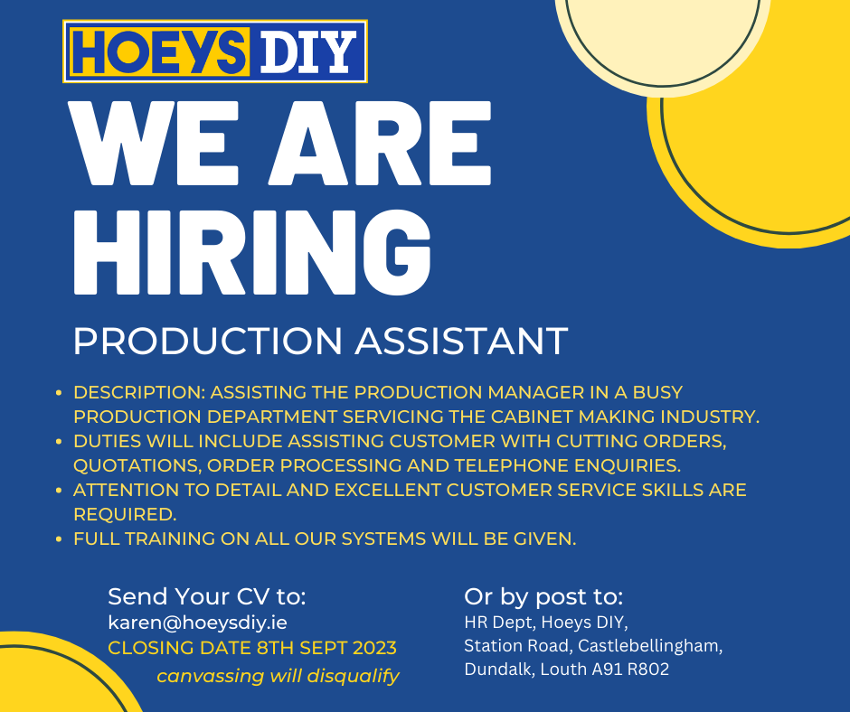We are Hiring!

Follow instructions below if you are interested in joining our team

#jobfairy #louthjobs #jobsireland #hoeysdiy #louthchat