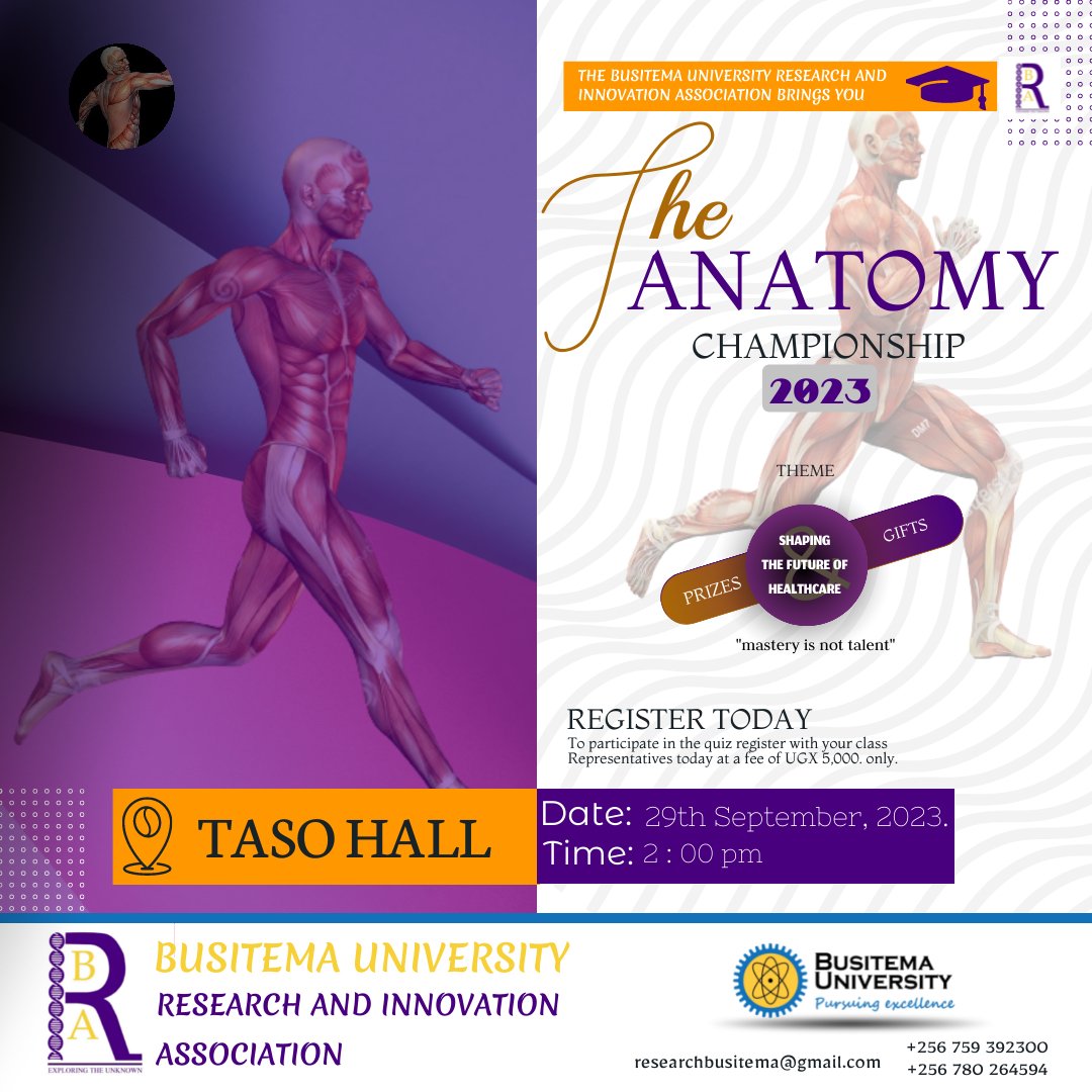BusitemaR's tweet photo. Busitema university research and innovation association brings the anatomy championship of this year 2023 to take place 29th September at TASO hall , time 2:00pm time for medical students to show their mastery of knowledge and know who is the MAN https://t.co/X9eh2HlpWp