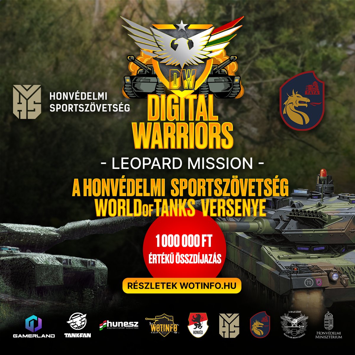 #WOT #DigitalWarriors Érkezik a Honvédelmi Sportszövetség World of Tanks versenyének a fináléja.
A Digital Warriors - Leopard Mission verseny különlegessége, hogy a döntőnek a Klapka György I. Páncélosdandár tatai bázisa ad otthont, a versenyzők igazi Leopard tankok között