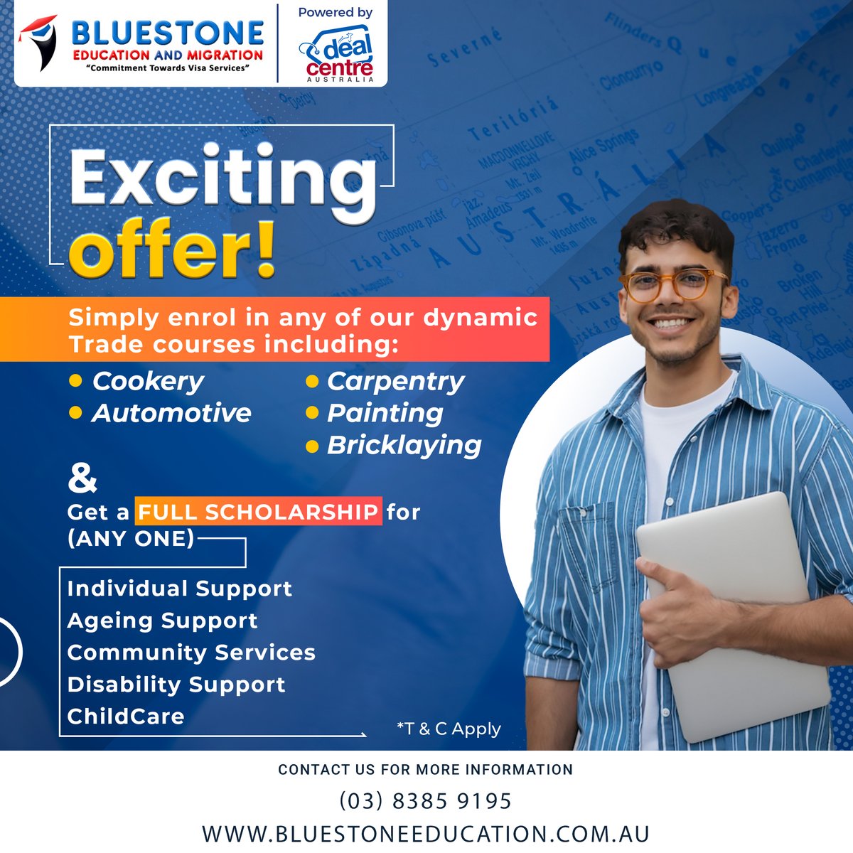 Grab this opportunity now! 

Book an appointment: +61 (03) 8385 9195

#cookery #automotive #carpentry #painting #bricklaying #individualsupport #ageingsupport #CommunityServices #bluestoneeducationandmigration #education