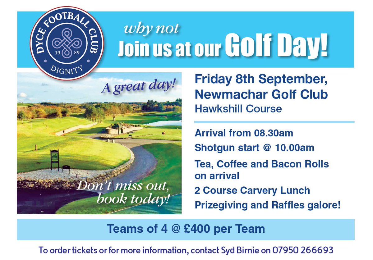 dycefootball's tweet photo. We still have a couple of team places left for our corporate golf day on Friday 8th September @NewmacharGC    So, if interested, just get in touch! #dignity #COYD #lostballs https://t.co/JlXHXmLXkT
