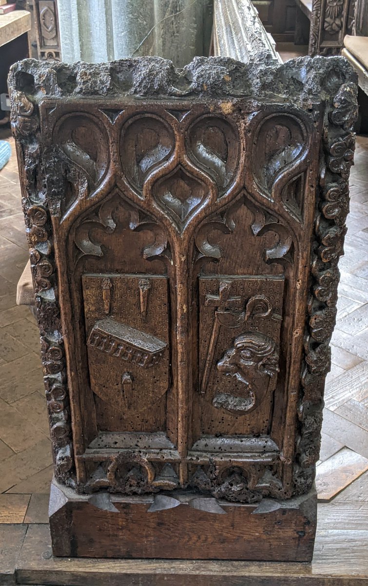Bench end at St Swithin's Church, Launcells #Cornwall - showing the harrowing of Hell - #woodensday