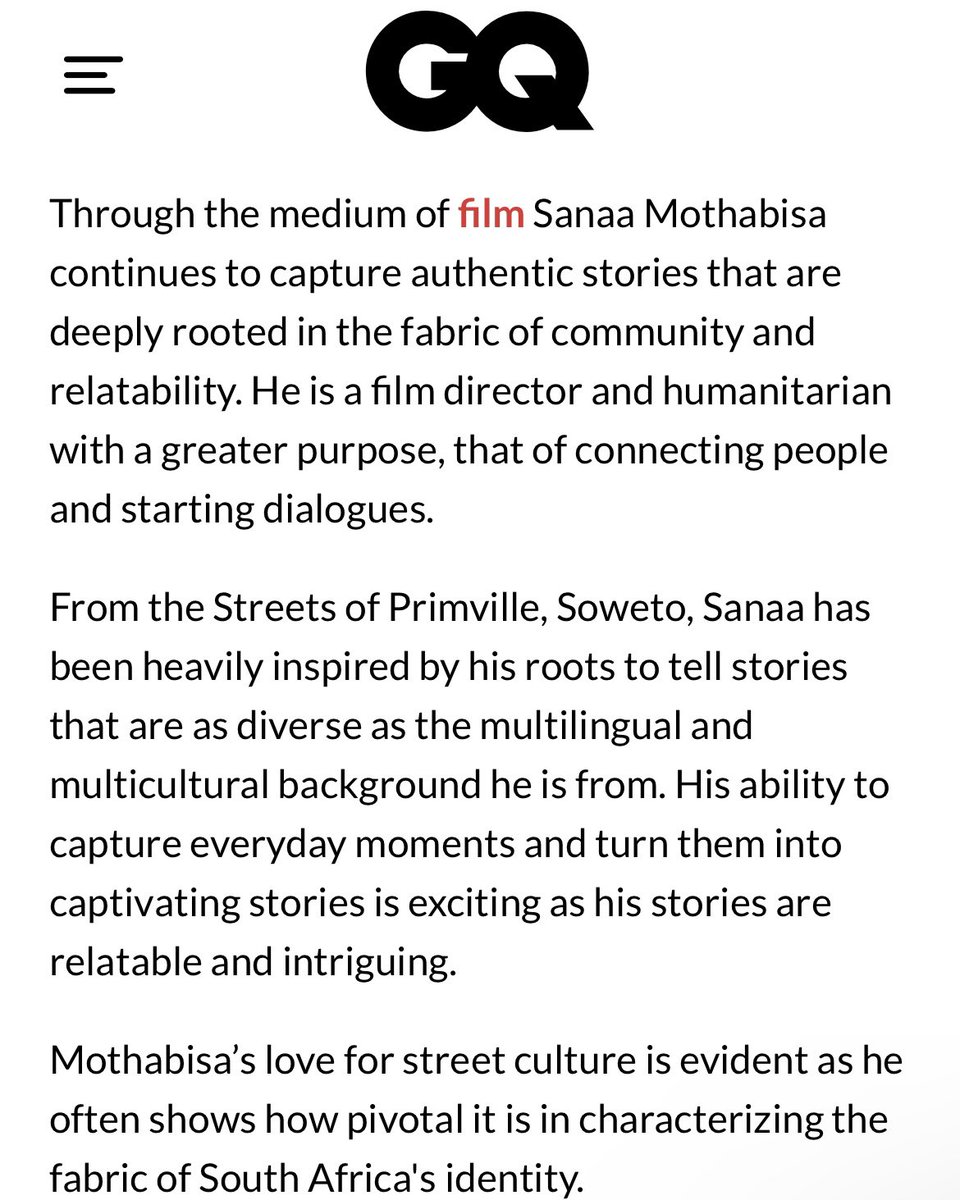 An honour to chat to GQ South Africa 🤍 about my upbringing, the importance of storytelling, style &amp; how each endeavor will be approached with purpose and respect for my subjects, leaving a lasting impact for the ones that are coming after us. <a href="/GQdotcoza/">GQ South Africa</a>