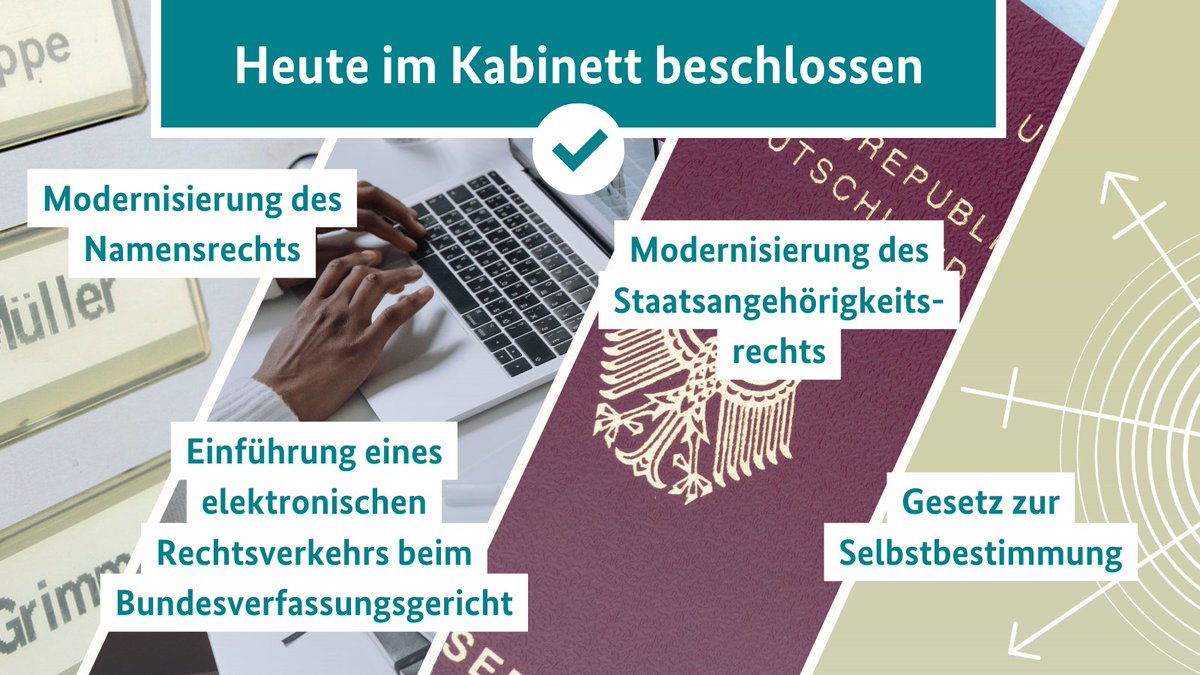 Heute hat das Kabinett ein Paket gesellschaftlicher Modernität auf den Weg gebracht:
✅#Namensrecht
✅#Staatsangehörigkeitsrecht
✅#Selbstbestimmungsgesetz 
✅sowie die digitale Verfassungsbeschwerde.

Alle Infos 👉 bmj.de/DE/Startseite/…