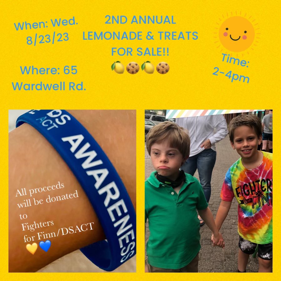 Hi local friends! Annual Lemonade and Treats Stand today!! Wednesday, 8/23 from 2-4pm! This is a fundraiser for our team #FightersForFinn ☘️
65 Wardwell Rd in West Hartford and all money will go to the Down Syndrome Association of Connecticut - DS ACT 💙💛 <a href="/WestHartfordFD/">West Hartford Fire Department</a>