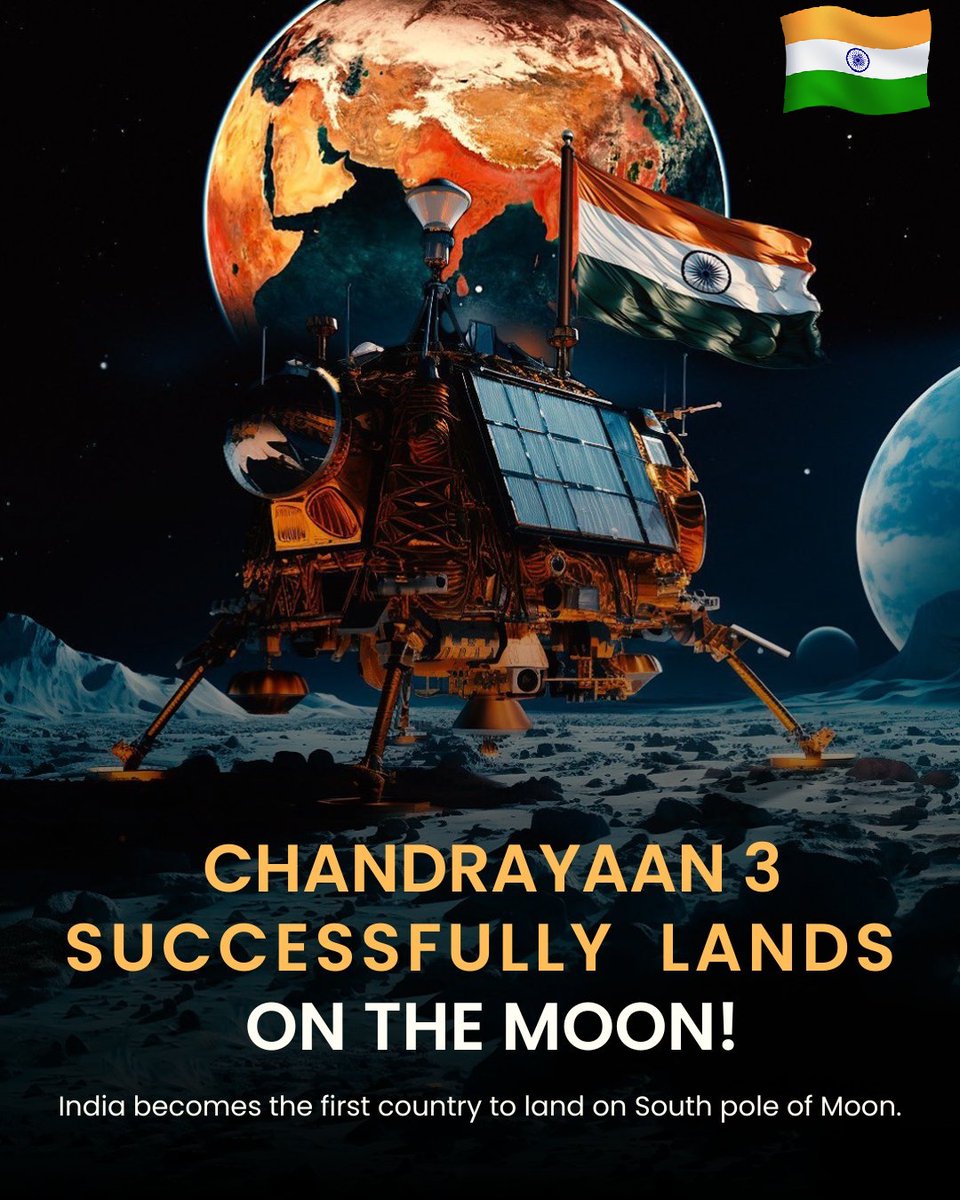 kmehta774's tweet photo. #Congratulations #ISRO for successfully Landed #Chandrayaan_3 on South pole of moon.. #JaiHind
PROUD MOMENT FOR US 🇮🇳
JAI HIND 🇮🇳🙏#Chandrayaan3 https://t.co/3ll0olZUHv