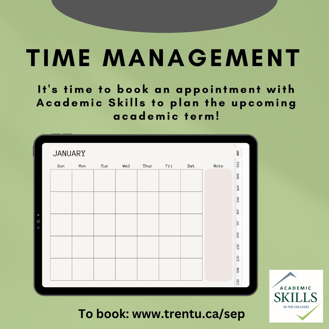 It's never too early to think about time management for the upcoming school term. Book an appointment with an Academic Skills Instructor to learn more about creating a schedule that works for you! To book: trentu.ca/sep