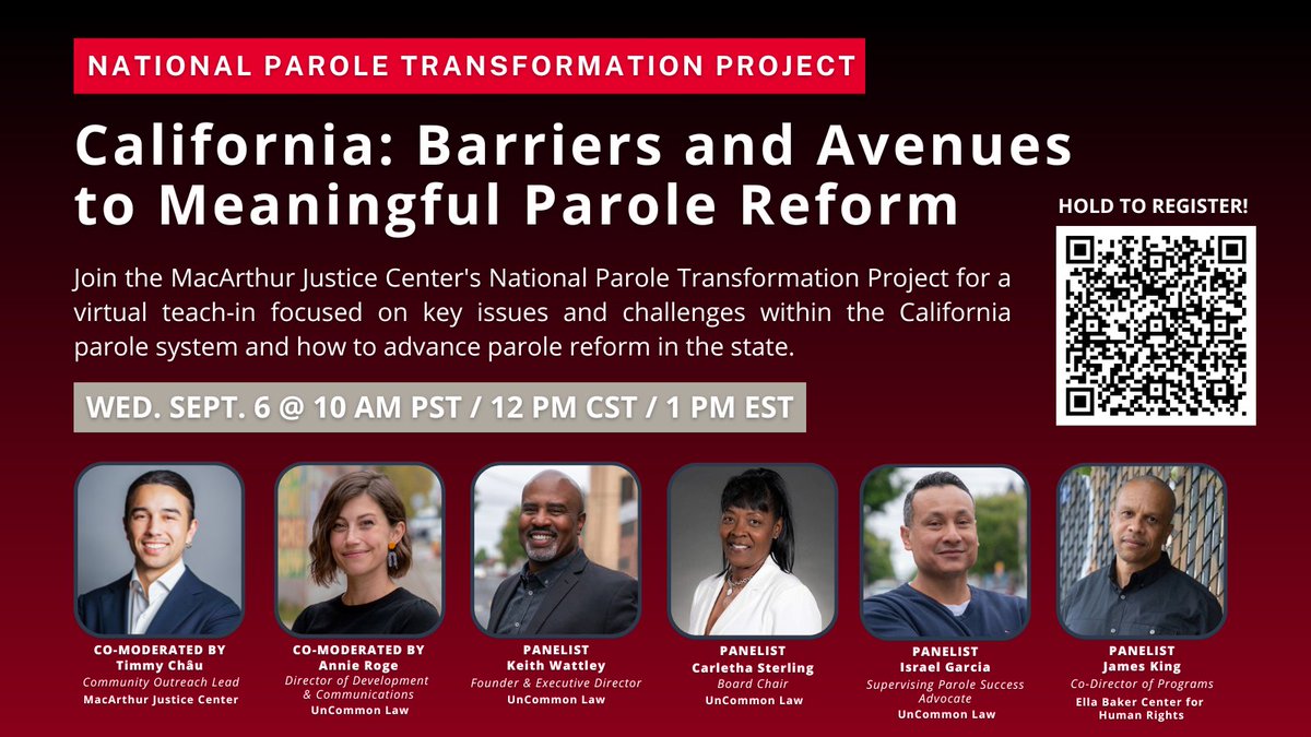 MARK YOUR CALENDARS: Join MJC’s National Parole Transformation Project (NPTP) on Sept. 6 at 10 AM PT/12 PM CT for a virtual teach-in on the #California parole system and efforts to advance parole reform in the state. REGISTER HERE: northwestern.zoom.us/webinar/regist…