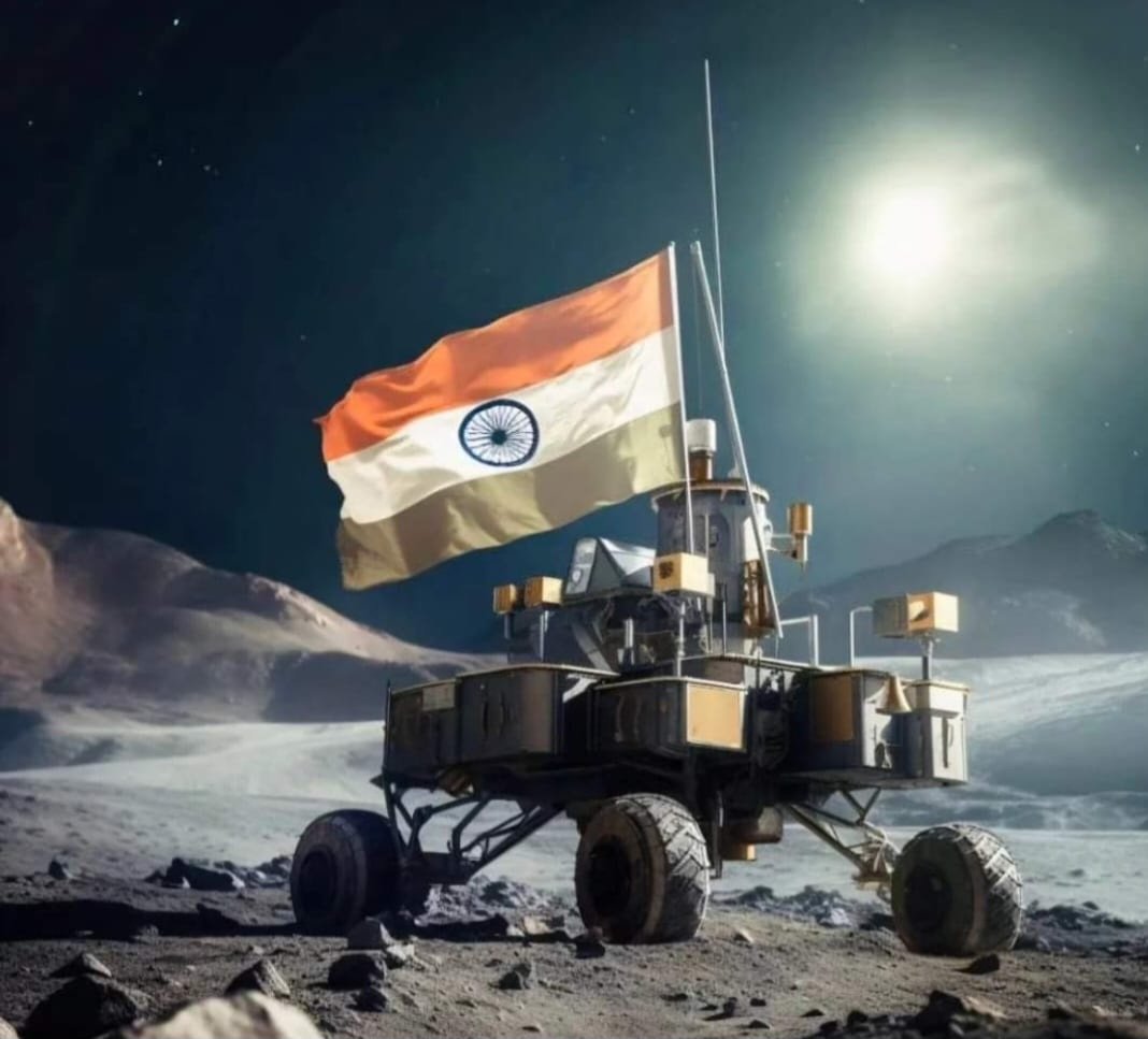 KinereeS's tweet photo. "As the sun sets today evening, look at the Moon - India may be up there."😇 Truly to its objective,#VikramLander landed gracefully and confidently etching in history the Indian feat of being the first to land on the south pole of the moon!👏💐 @narendramodi @isro #Chandrayaan3 https://t.co/L04exj1QZP