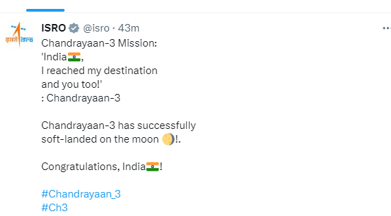 News18Bihar's tweet photo. चंद्रयान-3 मिशन: इसरो ने ट्वीट कर क���ा 
'भारत🇮🇳, मैं अपनी मंजिल पर पहुंच गया
और तुम्हें भी!'
चंद्रयान-3 सफल रहा
चंद्रमा पर नरम लैंडिंग 🌖!.
बधाई हो, भारत https://t.co/8fBGH1BSjR