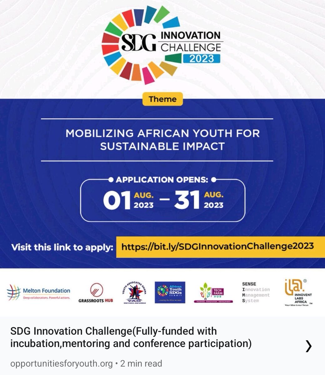 Passionate about #SDGs and innovation? African #youth, join the #SDGInnovationChallenge on 21-23 Sep 2023. Transform lives with your ideas. Register by 31 Aug 2023: bit.ly/3KyzdrS

 #YearOfYouth #contest #sustainability #innovation