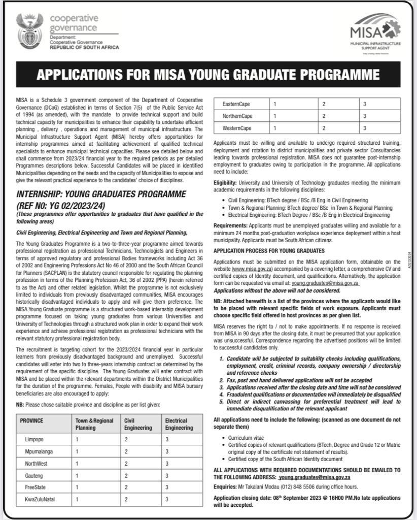 Apply for our internship opportunities by clicking on  misa.gov.za/?page_id=2062 #youthopportunities