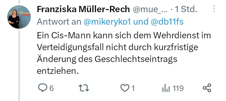 Die Ampel informiert: 
Transfrauen sind Frauen. Wer was anderes sagt, ist transfeindlicher Sexist. Nur bei Krieg, da haben Transfrauen gefälligst Männer-Kriegsdienst zu leisten.