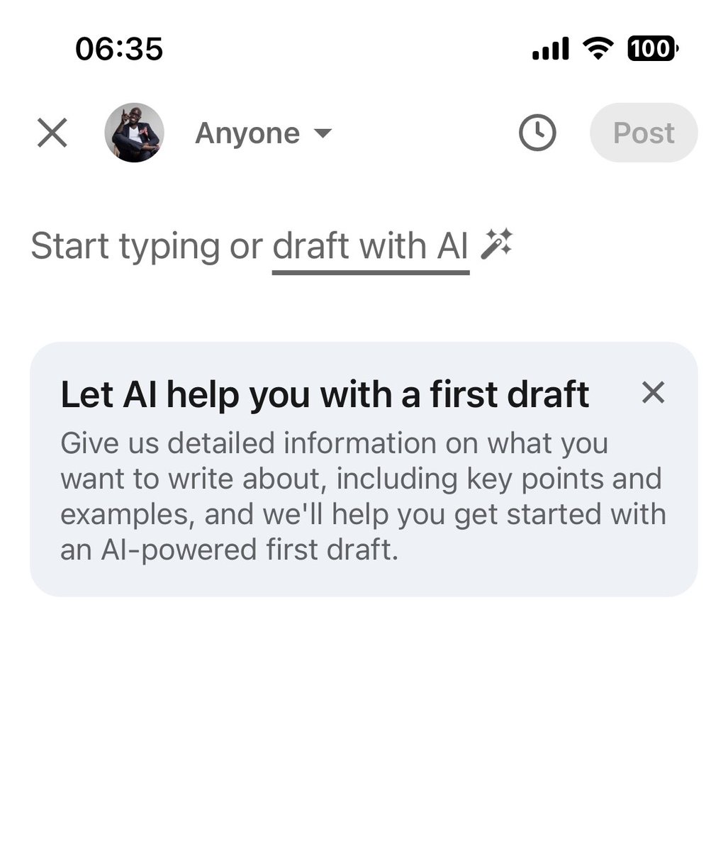 ⁦<a href="/LinkedIn/">LinkedIn</a>⁩ has gone full #AI. Has anyone got this before? I still want to write my own posts.