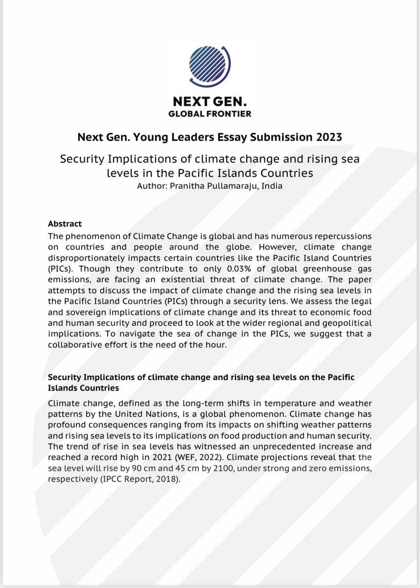 nggf_official's tweet photo. In the #NextGenYoungLeaders essay submission, Pranitha Pullamaraju examined the security implications of climate change in the Pacific Island Countries &amp; proposed nature-based &amp; renewable energy solutions as part of the mitigation &amp; adaptation strategies⏬
https://t.co/76krb70Eji https://t.co/BQSJuHm3uS