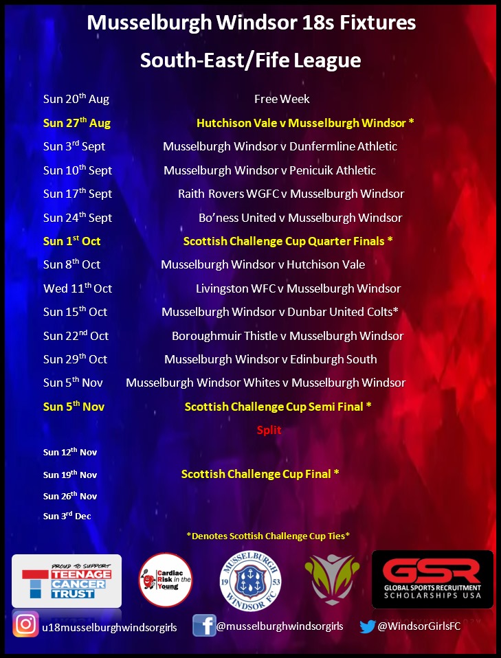 **UPDATED FIXTURES**
The SWF have updated the fixture list for the 18s league season 
See below:
*Dunbar 18s have now withdrawn from the League