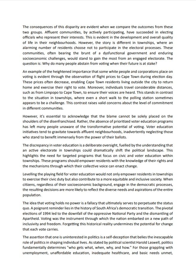 ATMovement_SA's tweet photo. MUST READ 📃

ATM President Hon. @ZungulaVuyo has penned an opinion piece on the Power of voting. 

"To build a truly inclusive democracy, all citizens must recognize the potential of their ballots."

#RegisterToVoteATM
#VoteATM https://t.co/S2Yh2449m0