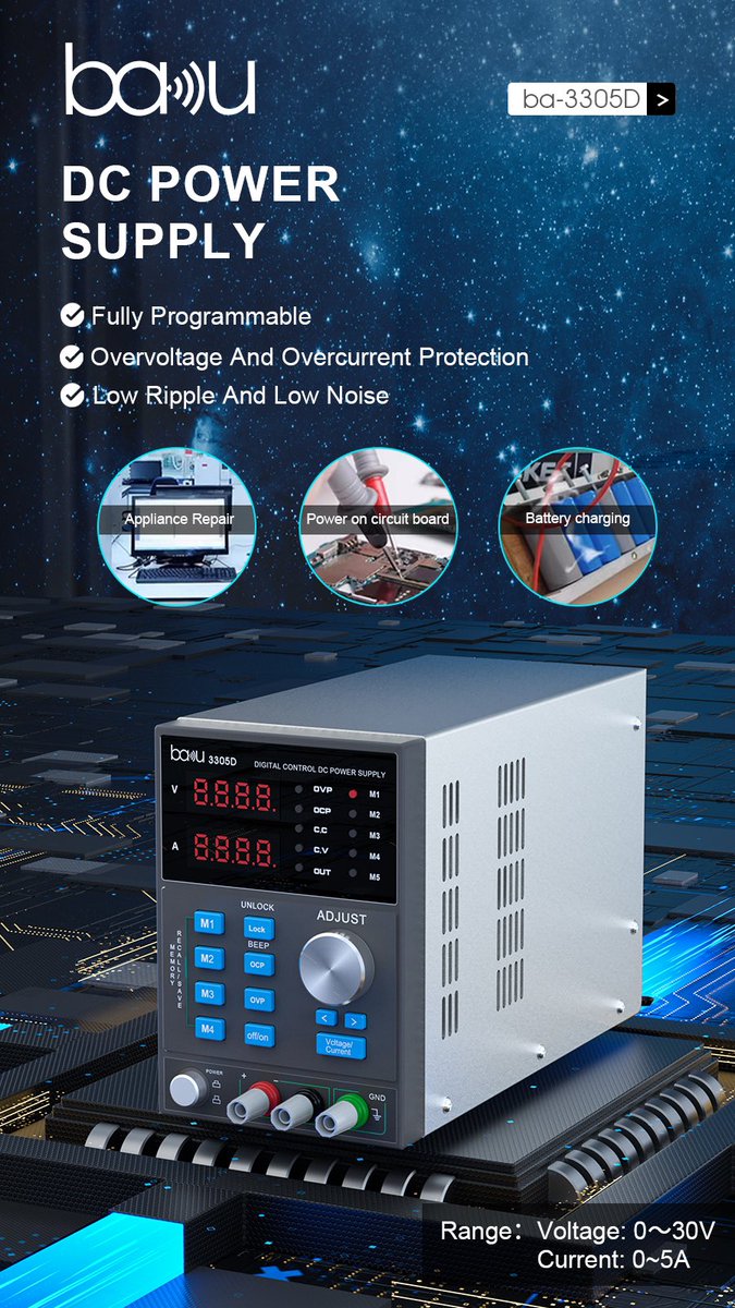 bakutool2003's tweet photo. Power up your repair and testing tasks with the BA-3305D DC Power Supply! ⚡️🔧 Designed for home appliances and digital product maintenance, this versatile device offers a maximum output voltage of 32V and a maximum output current of 5A https://t.co/redLOhj5lB