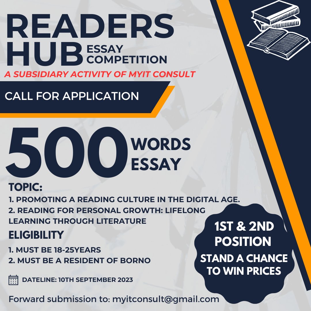 myitconsult's tweet photo. Are you within the age bracket of 18 to 25, currently residing in Borno State, and fueled by an unwavering passion for the art of writing? Readers Hub, an initiative under the umbrella of MyIT Consult Ltd, is thrilled to announce its Essay Competition.

Invitation to Participate! https://t.co/aH8FmHZv2q