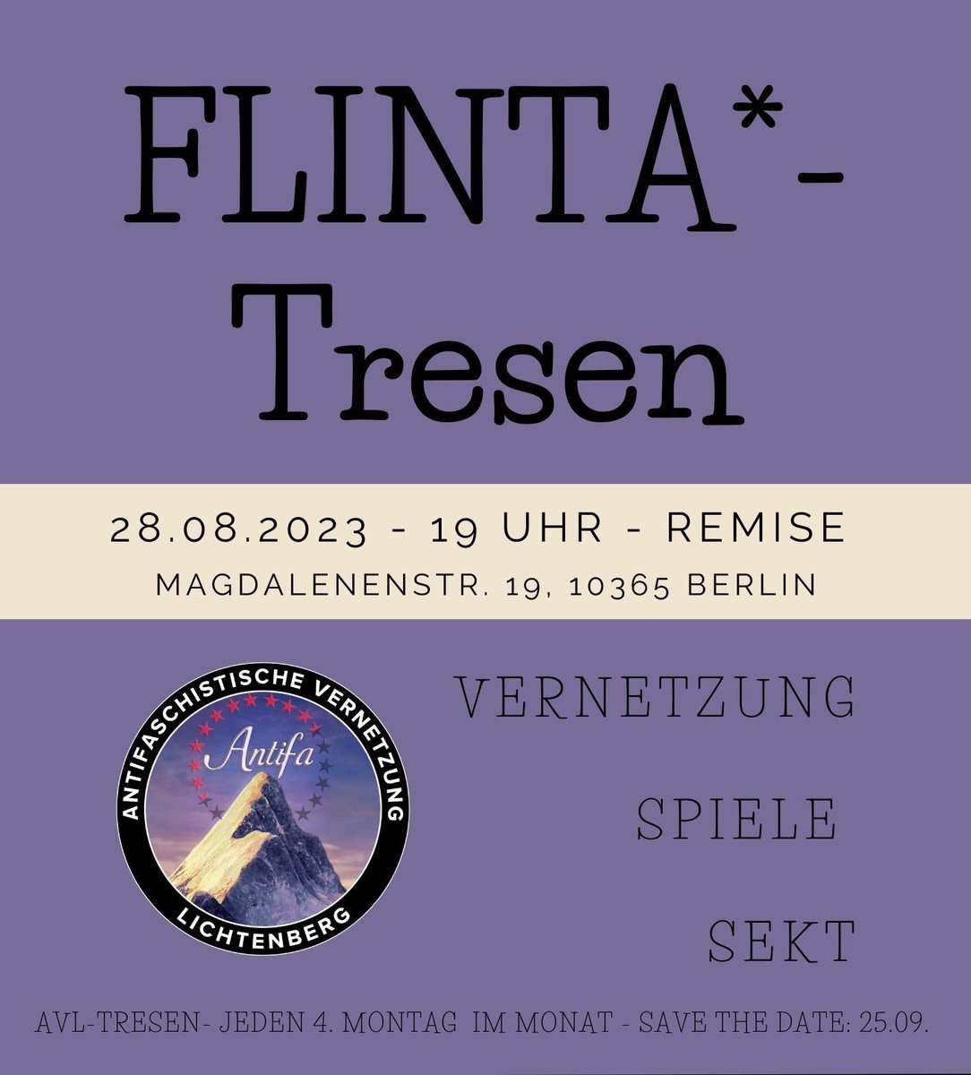 Es ist wieder 4. Montag im Monat! Wir laden wieder zum FLINTA*-Tresen (also Trans, Agender, non-binary, lesbian, inter, Frauen) in die Magda19!
Wir haben die Getränke kalt gestellt - kommt also gerne zum Kennenlernen, Austauschen &amp; Verbünden vorbei! Es gibt Spiel, Spaß und Sekt!