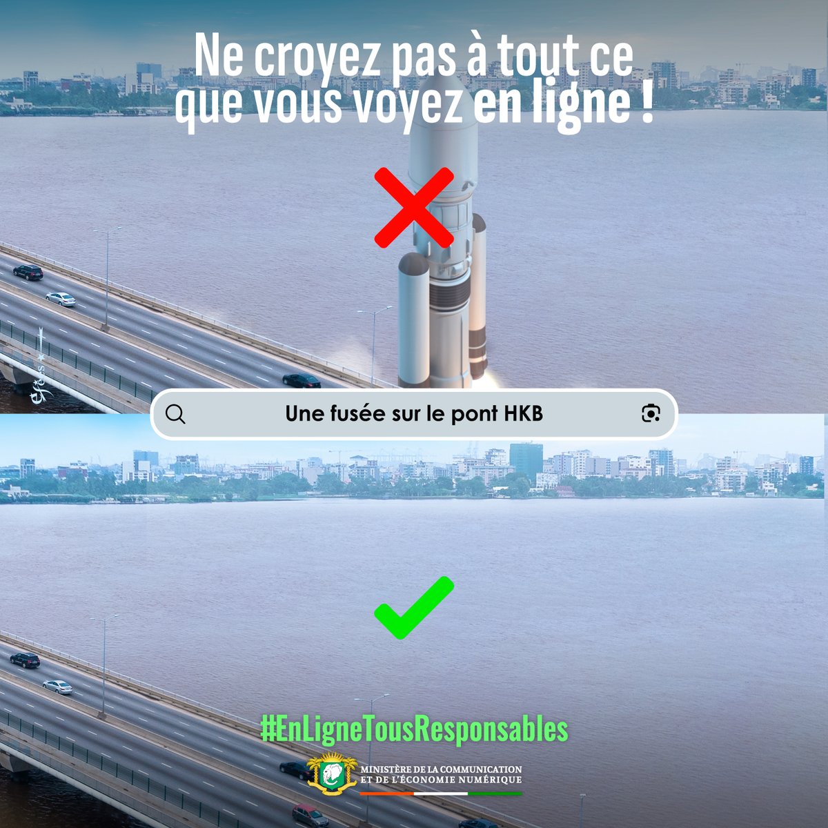 Gouvciofficiel's tweet photo. #EnLigneTousResponsables | Ne croyez pas à tout ce que vous voyez en ligne ! Il est important de toujours vérifier l'origine de l'information.

#CICG #GouvCI 
#PP #MICEN https://t.co/bLKEa0WemA