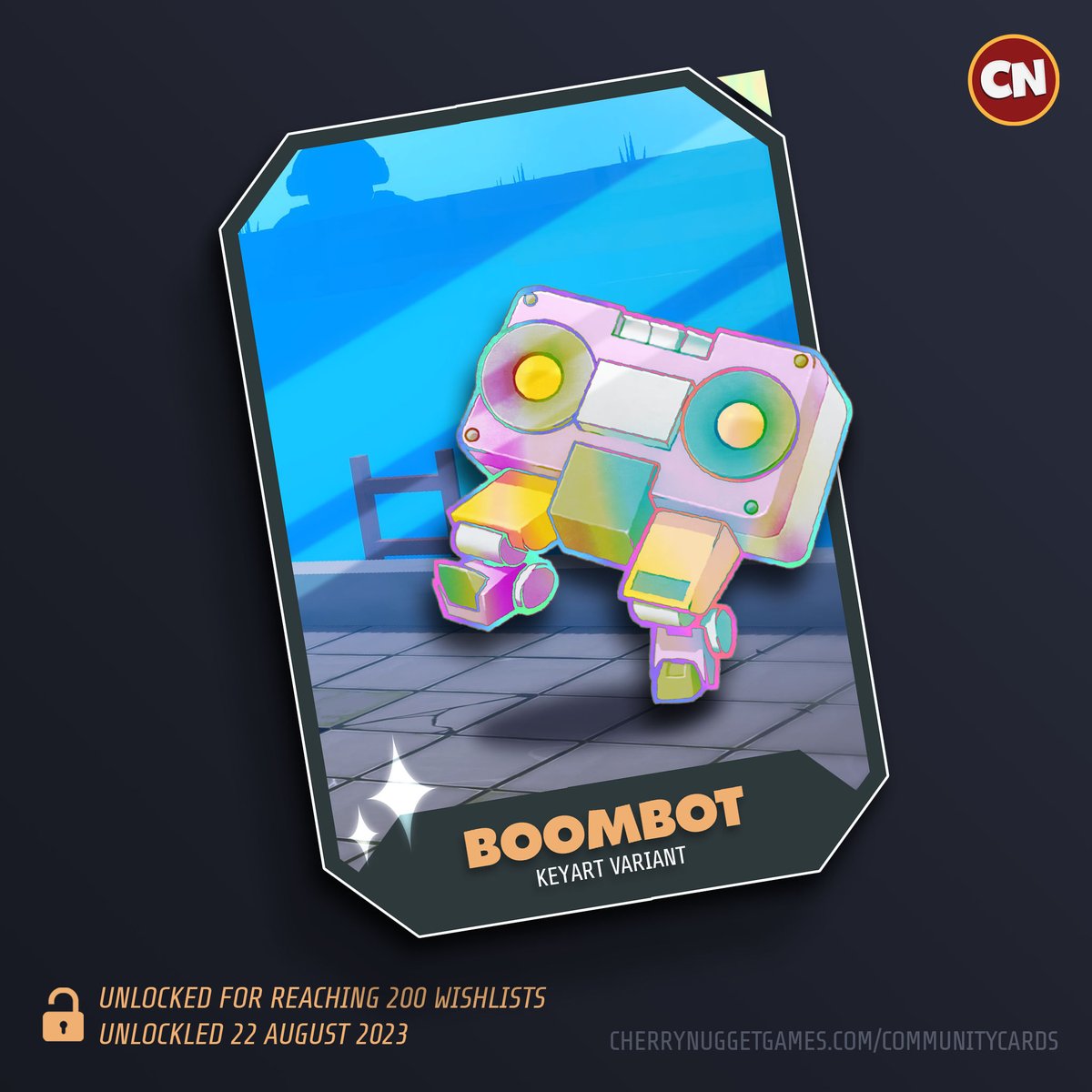 CherryNuggetGms's tweet photo. You all did it again, an new Community Card Unlocked!! We finally hit 200 wishlists on steam! Go check out the community cards page (https://t.co/UBVjC0PPOT) for the back side of the boombot card!

#Wrenched #MadeWithUnity #Wishlist #IndieDev #GameDev #CherryCommunityCards, https://t.co/DAsg9IKBR6