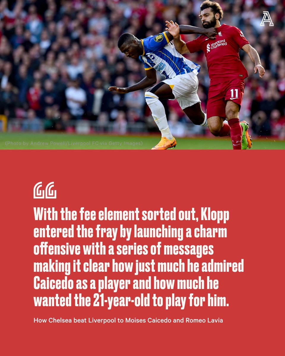 TheAthleticFC's tweet photo. Moises Caicedo snubbed Liverpool to join Chelsea for a British record fee of £115million ($146.3m).
To make matters worse, #CFC signed Romeo Lavia a few days later.
This is the tale of Chelsea and Liverpool’s pursuit of the same midfielders.
➡️ https://t.co/GGfCkKc2ie https://t.co/u0MtvsZJov