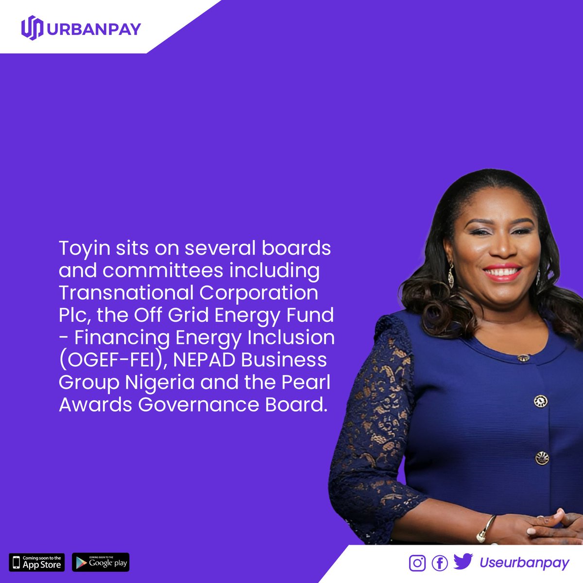 useurbanpay's tweet photo. Meet our WCW, Toyin Sanni
#Toyinsanni #wcw #women #successfulwomen #nigeriafinance #fintech #UrbanPay https://t.co/nX5MLeNmPy