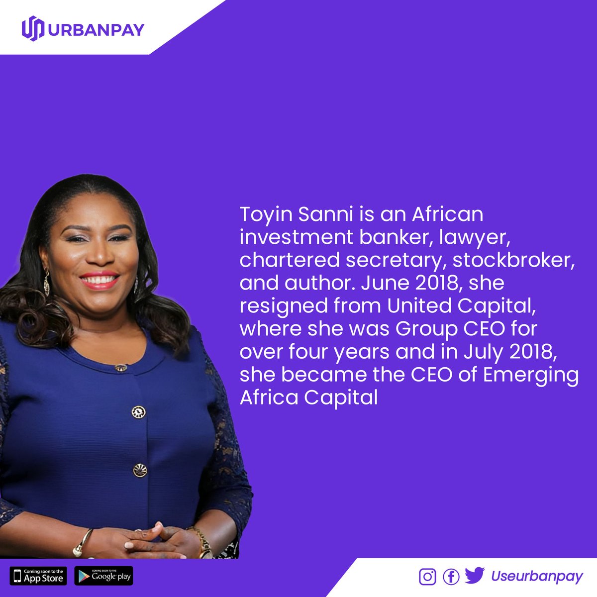 useurbanpay's tweet photo. Meet our WCW, Toyin Sanni
#Toyinsanni #wcw #women #successfulwomen #nigeriafinance #fintech #UrbanPay https://t.co/nX5MLeNmPy