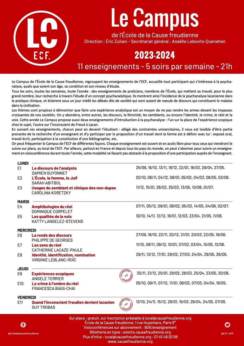 guidelacanienGP's tweet photo. 🔴Découvrez le nouveau programme des enseignements du campus de l’ECF! 
 
Et toujours deux formules :

1) AU LOCAL 
1 rue Huysmans, Paris 6eme - GRATUIT, inscription à local@causefreudienne.org
 
2) EN VISIOCONFÉRENCE
https://t.co/Tih3BPOE91 – 80€ pour un enseignement a l'année. https://t.co/xcLo694zJD