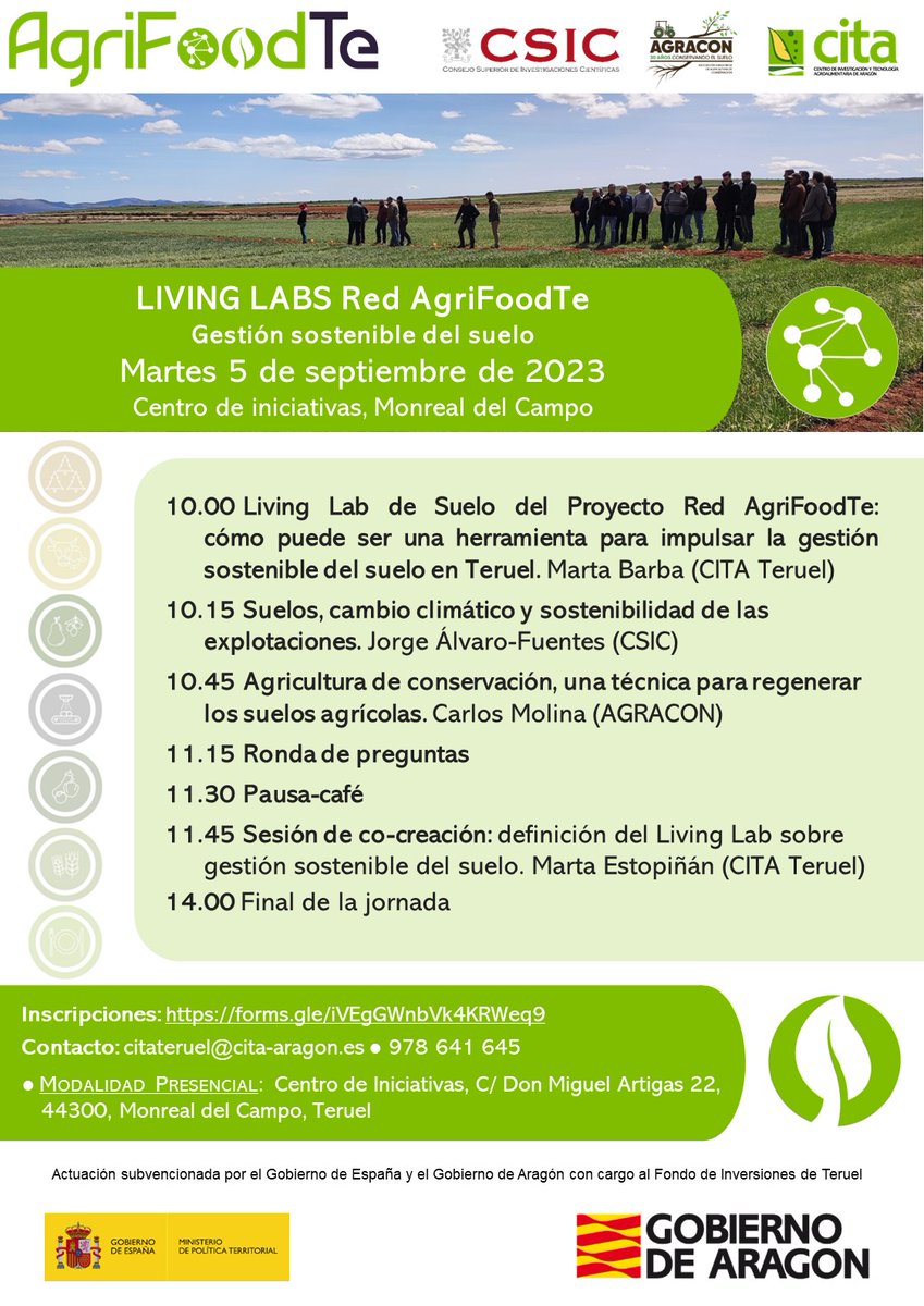 AGRACONolaboreo's tweet photo. 👨‍🌾¿Eres agricultor, asesor o investigador agrario?
🗣️Desde @AGRACONolaboreo te animamos a participar en la jornada sobre gestión sostenible de suelos que ha organizado @CITAAragon para el proximo 05/09 en Monreal del Campo (T) 
Os esperamos!!
📲Inscripción https://t.co/OtV0OYYBRG https://t.co/mHeLL1DUuS