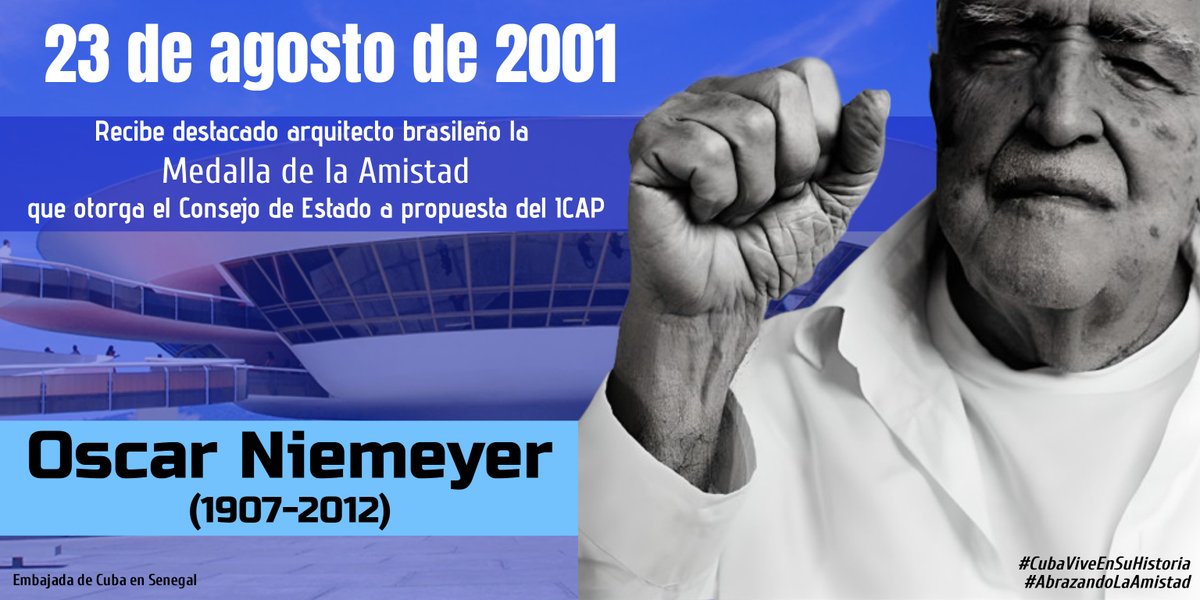 🇧🇷2001. La Médaille de l'Amitié décernée par le Conseil d'État de #Cuba est remise au Musée d'Art Contemporain de #RiodeJaneiro à l'éminent architecte Oscar Niemeyer. L'ami solidaire a exalté la Révolution comme un espoir pour l'Amérique latine.
#AbrazandoLaAmistad