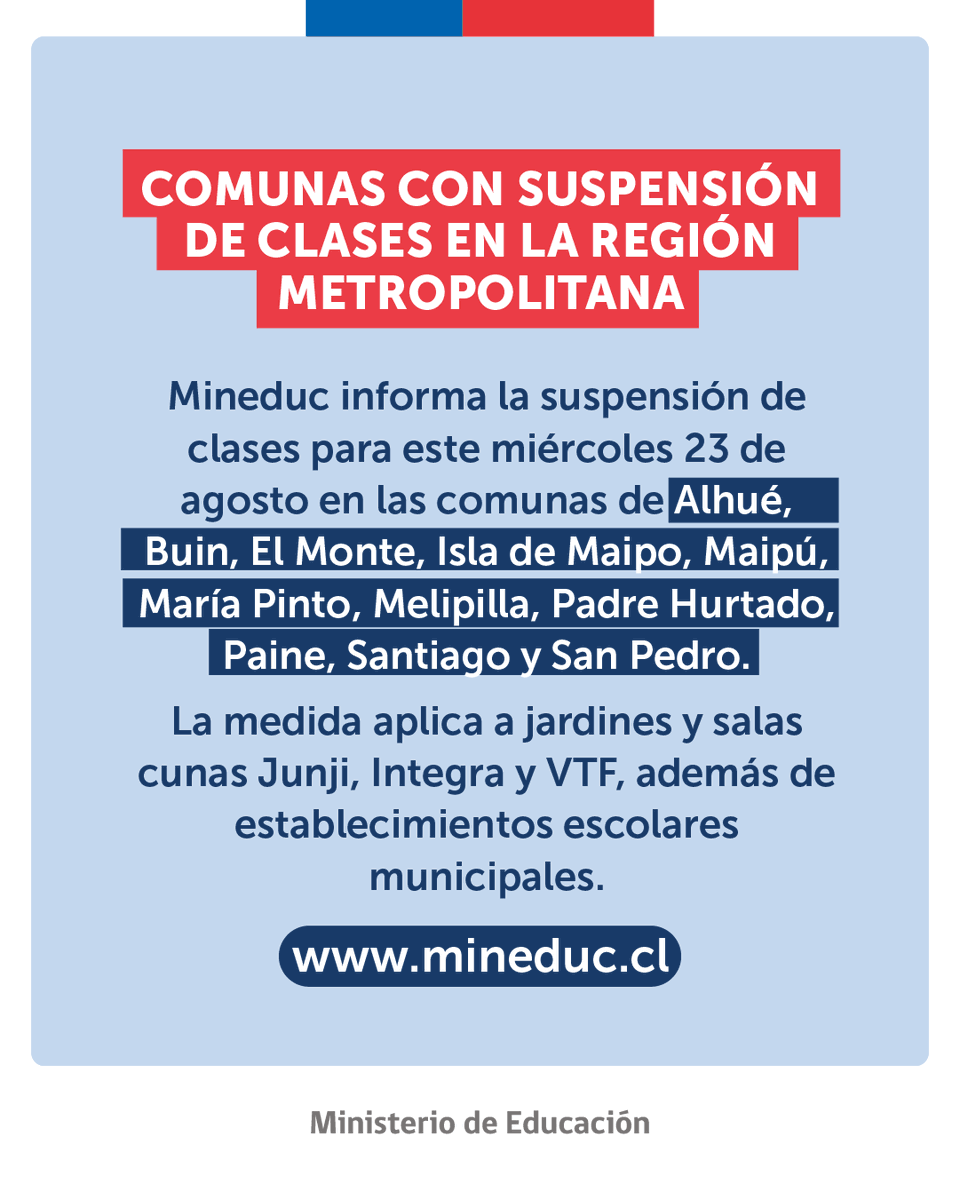 Mineduc's tweet photo. IMPORTANTE 🚨 Para este miércoles 23 de agosto, anunciamos la suspensión de clases en los establecimientos educacionales de las comunas de la Región Metropolitana indicadas en la gráfica de esta publicación.
#SistemaFrontal https://t.co/tjNXJD0i5w