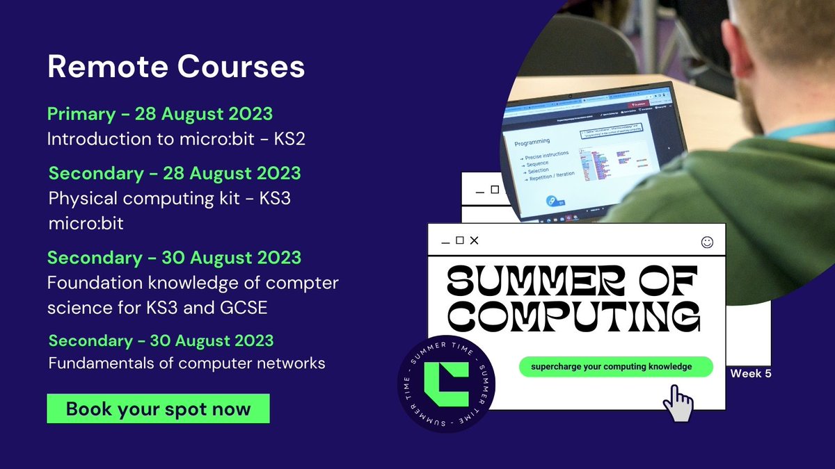 WeAreComputing's tweet image. It's down to the final week of our #SummerOfComputing remote courses! Find out what you could get up to next week ๐ 
โฐ๏ธ learn anywhere you want
๐ led by an experienced practitioner
๐บ๏ธ gain a deep exploration of the subject content
๐ ncce.io/wDnYs3