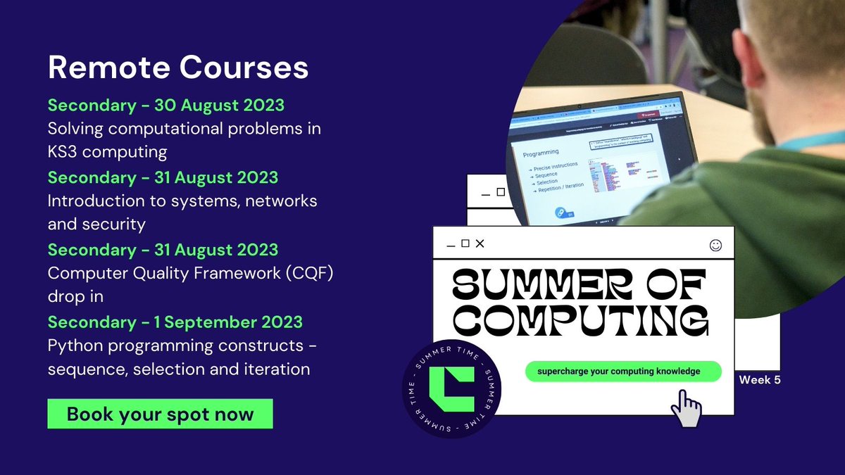 WeAreComputing's tweet image. It's down to the final week of our #SummerOfComputing remote courses! Find out what you could get up to next week ๐ 
โฐ๏ธ learn anywhere you want
๐ led by an experienced practitioner
๐บ๏ธ gain a deep exploration of the subject content
๐ ncce.io/wDnYs3