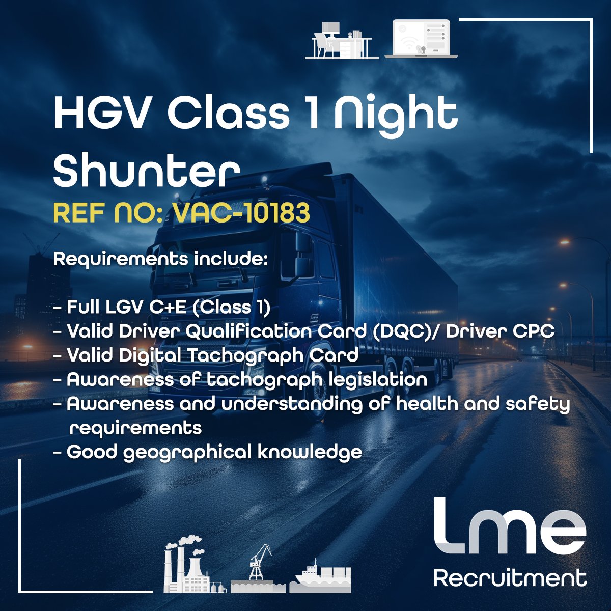 Our client is looking to employ experienced and qualified Class 1 drivers for night shunting roles.

If this looks like the right job for you, apply today at lmerecruitment.co.uk

#hgvdriver #ipswichjobs #jobopportunity #lmerecruitment #driverjobsuk