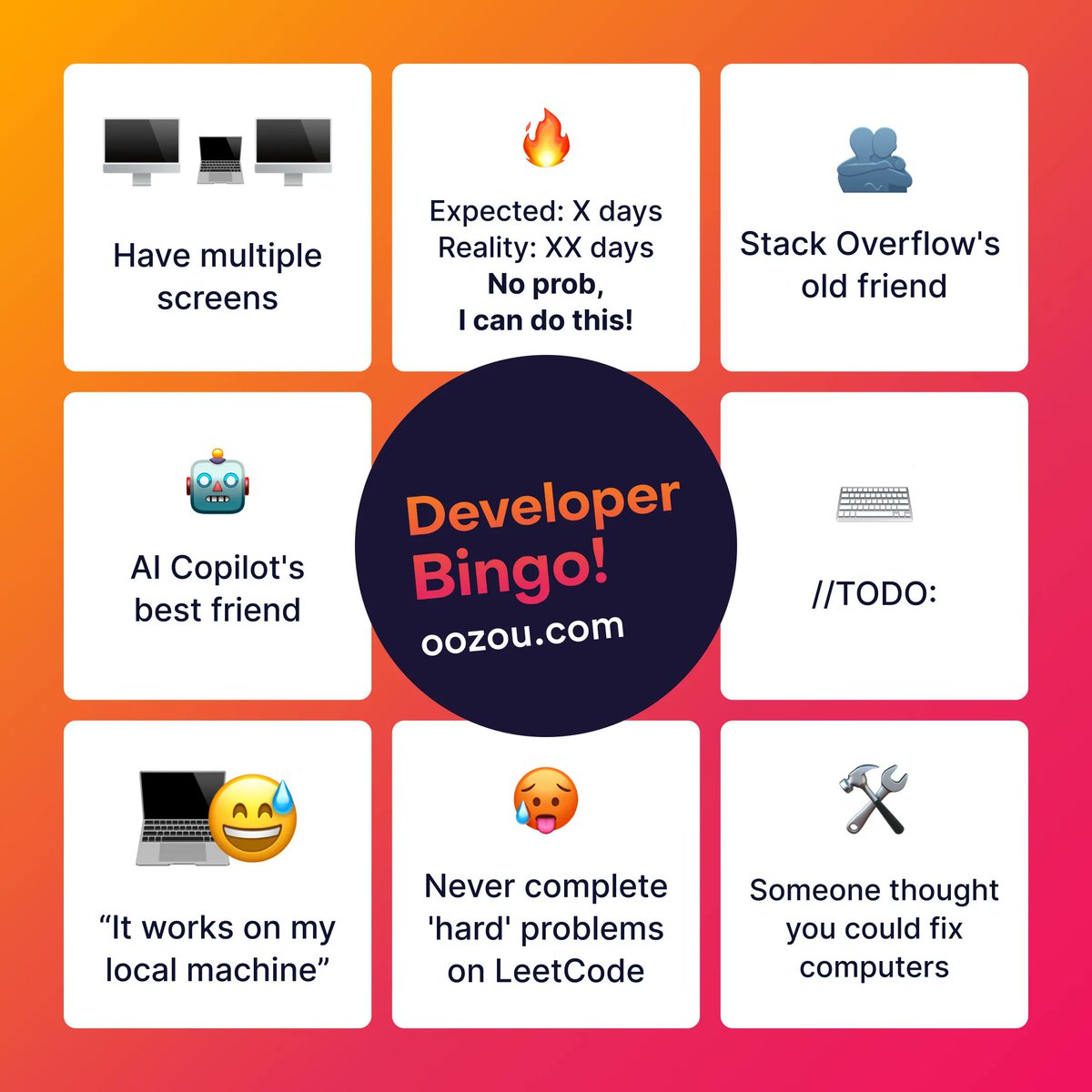 oozou's tweet photo. It's Bingo time! 🎯

Developers, this board is just for you. 🫶💻

How many can you check off? Did you get a Bingo? Share with us in the comments. 💜

#bingo #coding #programmer #software #technology https://t.co/dZvkCmq42e
