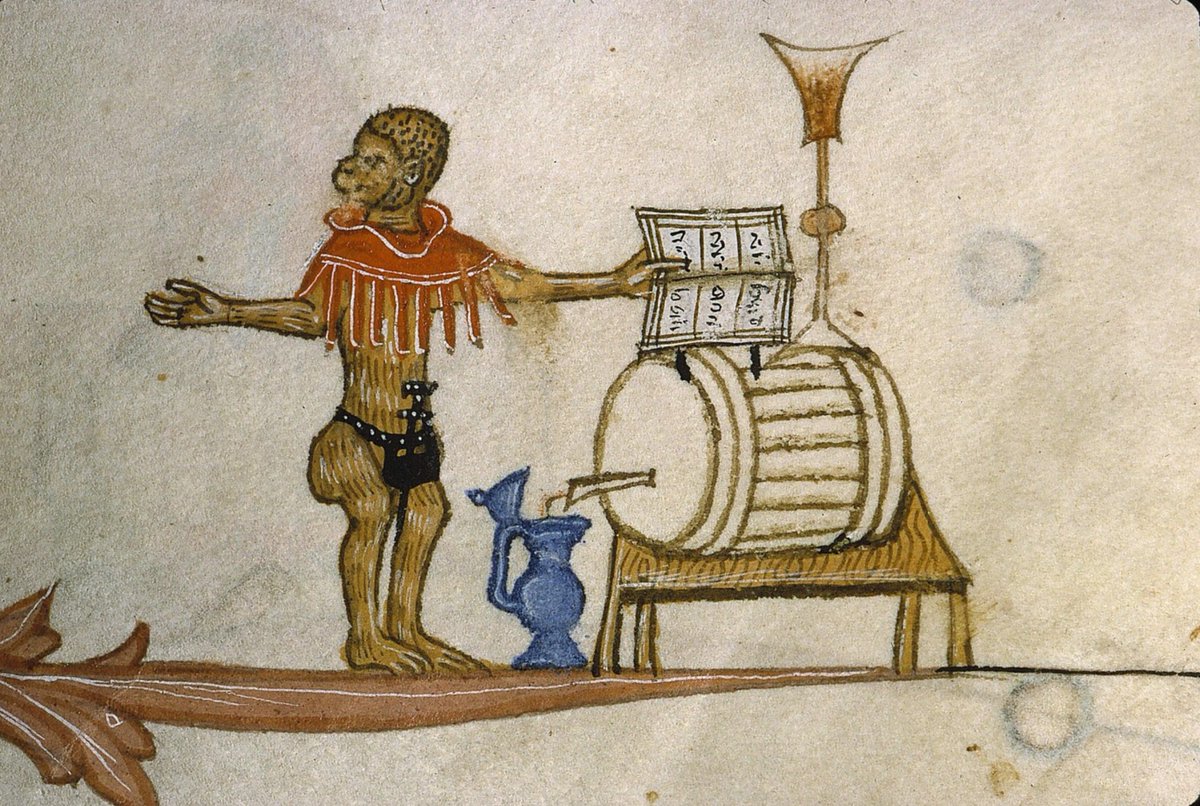 Au Moyen Âge, le singe est tout à la fois animal de compagnie des puissants, amuseur des humbles, figure iconographique récurrente. 
Pour en savoir plus > ALT sur image
SINGE TIRANT DU VIN, Pontifical de Guillaume Durand, c. 1357 - Bibl. Ste-Geneviève 
musee-virtuel-vin.fr/enluminure-de-…