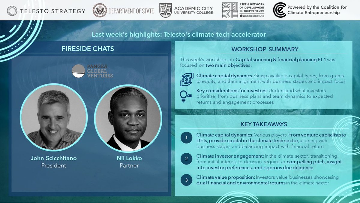 What do investors look for as they prospect the burgeoning ecosystem of climate tech startups? How do investors balance and integrate financial and non-financial targets? 

Last week our entrepreneurs learned from global experts from <a href="/PangeaglobalVen/">Pangea Global Ventures</a>  #telesto #CCE #climatetech