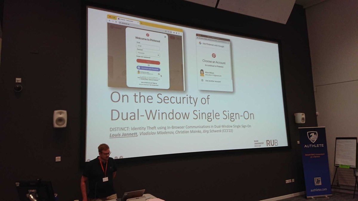 "Identity Theft using In-Browser Communications in Dual-Window Single Sign-On" by Louis Jannett, on the second day of OAuth Security Workshop 2023. #osw8