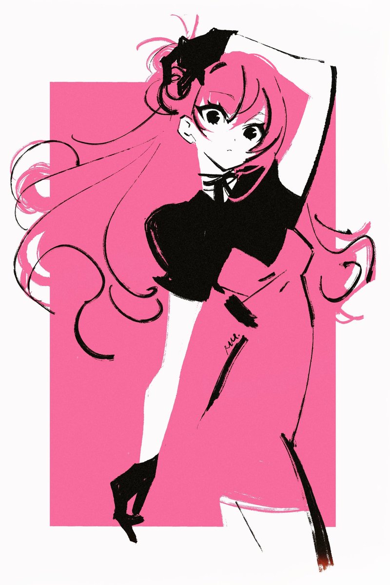 1girl solo gloves long hair dress black gloves pink hair  illustration images