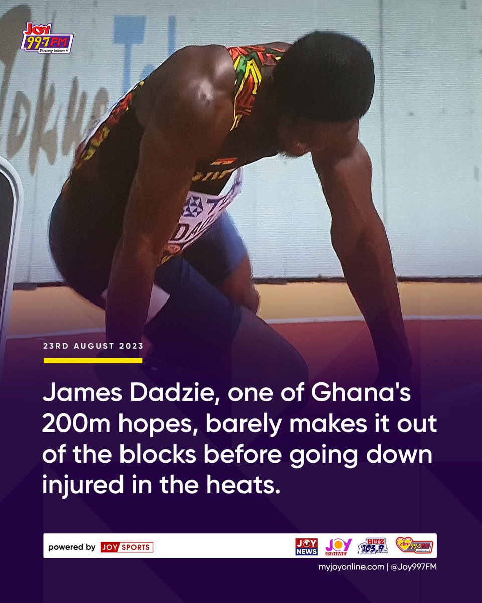 The hamstring injury Ghana’s 200m record holder, James Dadzie, has been battling for months didn’t allow him to finish his heat at the #WorldAthleticsChamps. #Budapest2023 | #JoySports