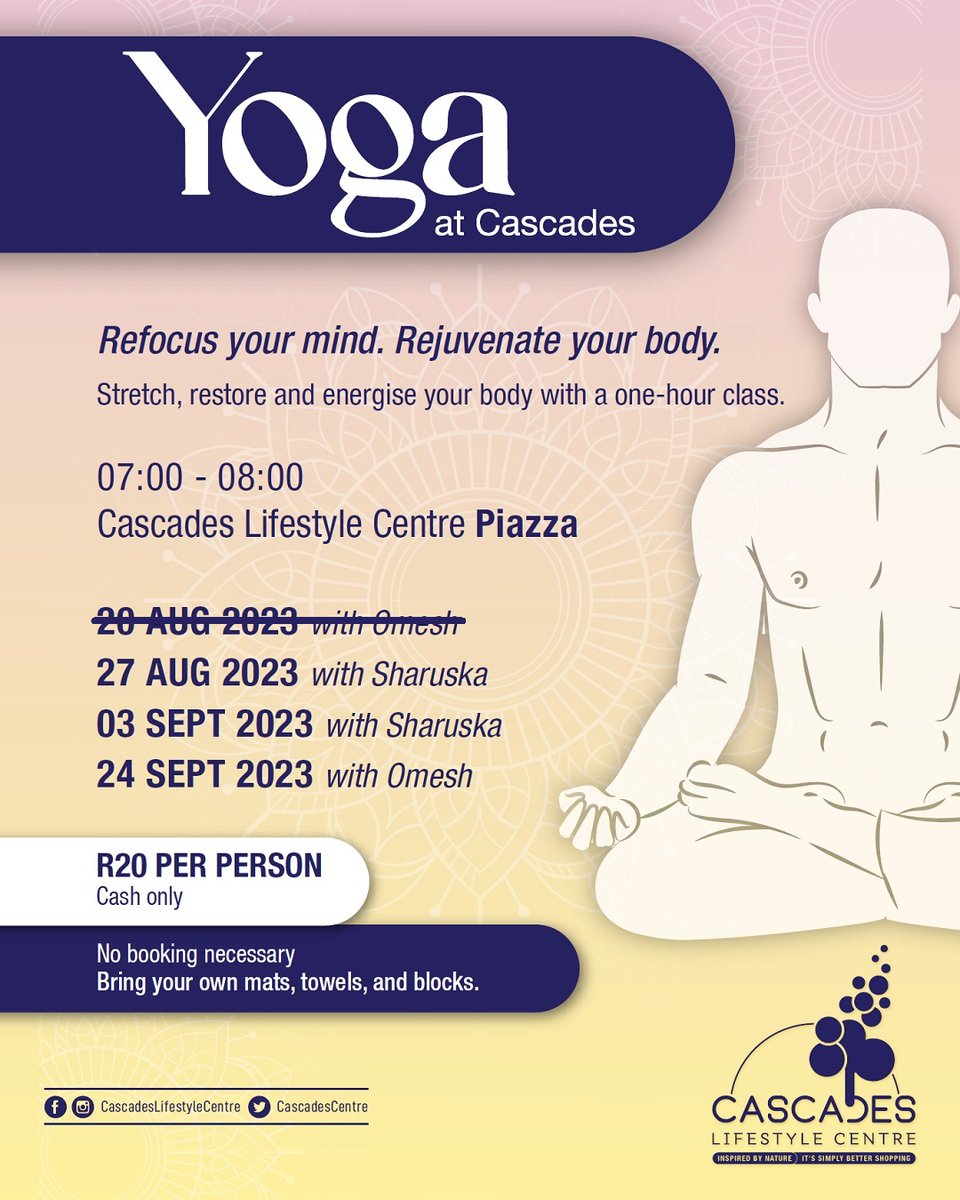 Stretch, restore, energise.
Join us on Sunday (27 Aug 2023) morning at 7am for a 1-hour yoga session on the #CascadesPiazza. R20pp (cash only). Bring your own mats, towels, and blocks.
