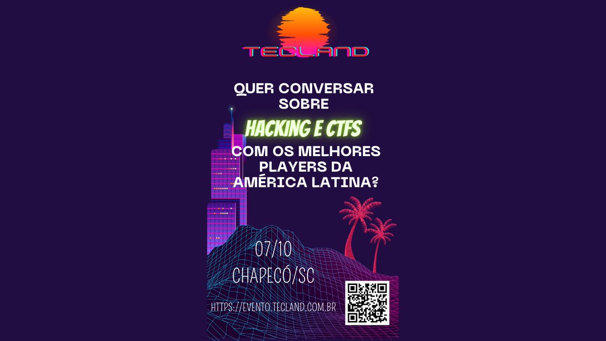 Dia 25/08 entraremos no terceiro e ÚLTIMO lote do TecLand, estamos na reta final! Ainda dá tempo de se inscrever pagando menos pra participar desse evento histórico e sem repeteco do cenário brasileiro de CTFs e Hacking! evento.tecland.com.br #ctf #infosec #pwn2win #evento