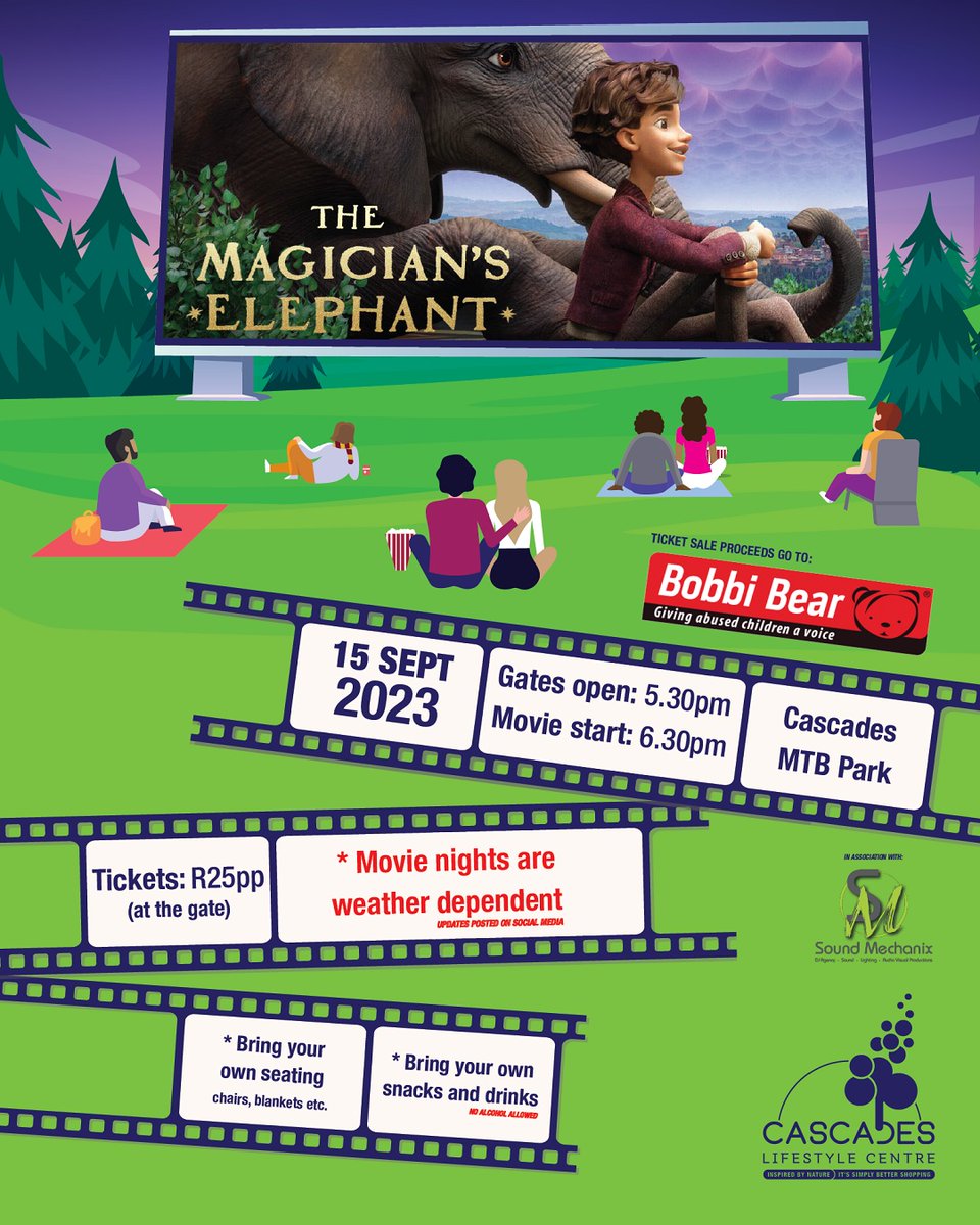 MOVIE NIGHTS ARE BACK! Joins us on 15 Sept 2023 for The Magician's Elephant in assoc. with Sound Mechanix.
Gates open 5.30pm. Movie starts 6.30pm. BYO seating, snacks, drinks (no alcohol).
Tickets R25pp at the gate.
Ticket sale proceeds go to Operation Bobbi Bear.