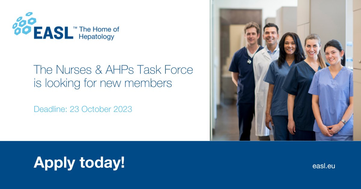 The Nurses & AHPs Task Force is looking for 2️⃣ new members! This is your chance to be part of the future of education, research & patient care✨ Do you know any great candidate? Tell them to apply today! Deadline: 23 Oct easl.eu/news/join-the-… @FpNuria @KathrynJackNHS