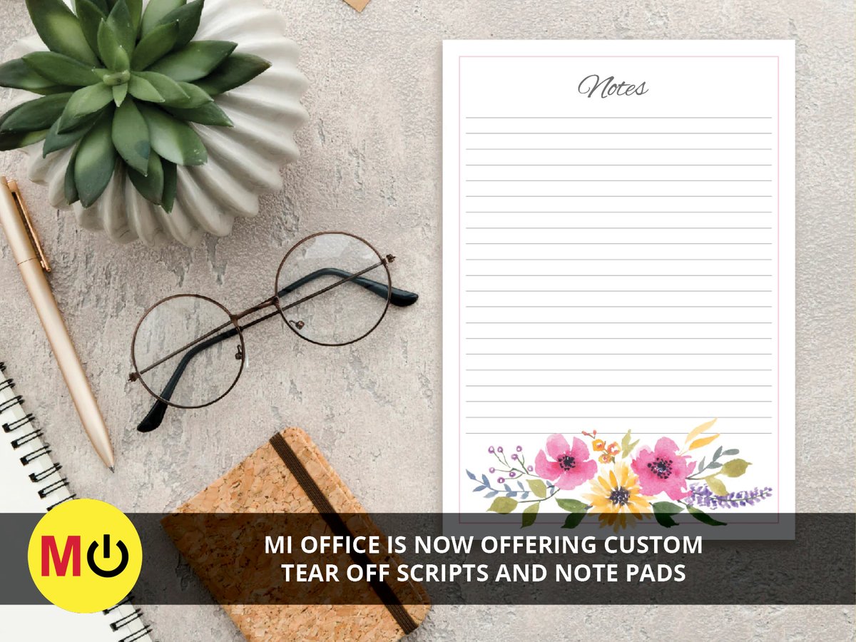 #MiOffice now offer custom scripts and note pads that come with a 1200 micron backing board, held together with special tear off adhesive. Available in sizes A6 to A4.