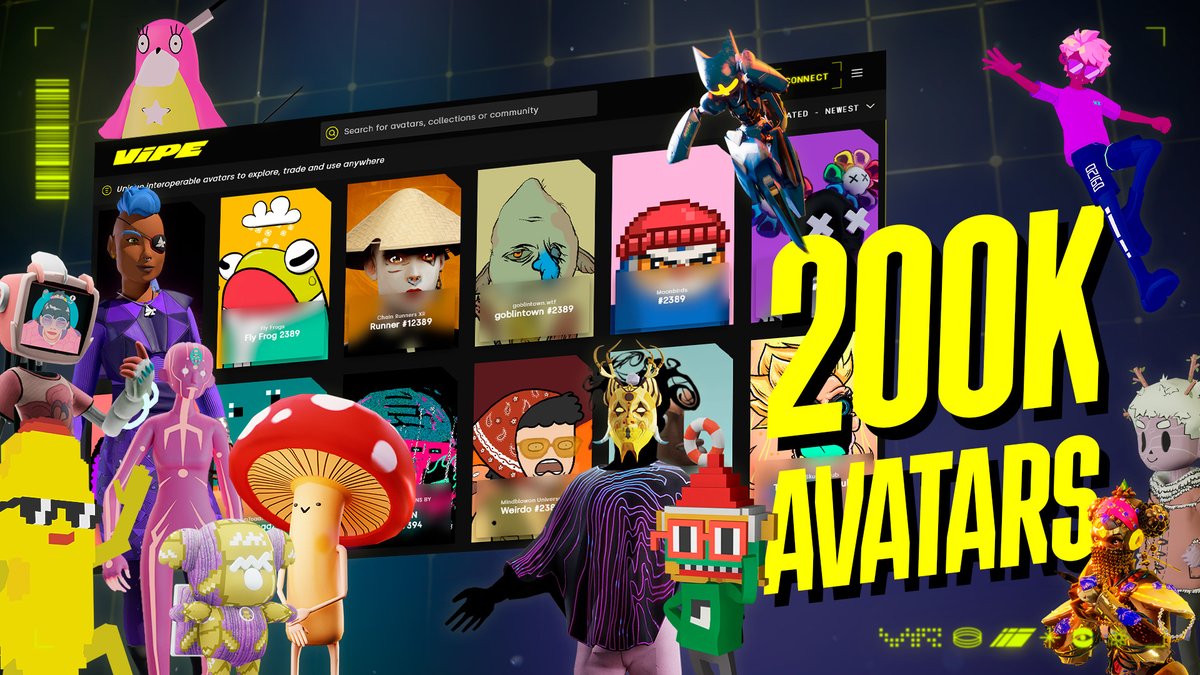 200,000 interoperable avatars are now listed on vipe.io 🌟

We're excited to achieve this milestone as the leading NFT avatar marketplace. Our commitment is to bring you as many avatars as possible, so you don't need to look for them elsewhere! We keep growing 💛