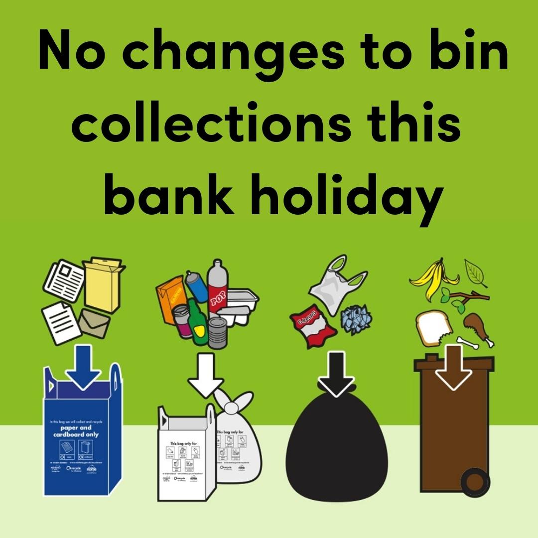 There are NO changes to your waste & recycling collections or access to the HWRCs over the bank holiday. 

Please present your recycling, brown bins and blacks sacks on the morning of your normal collection day or book a trip to the tip! 

#MedwayBinCollections